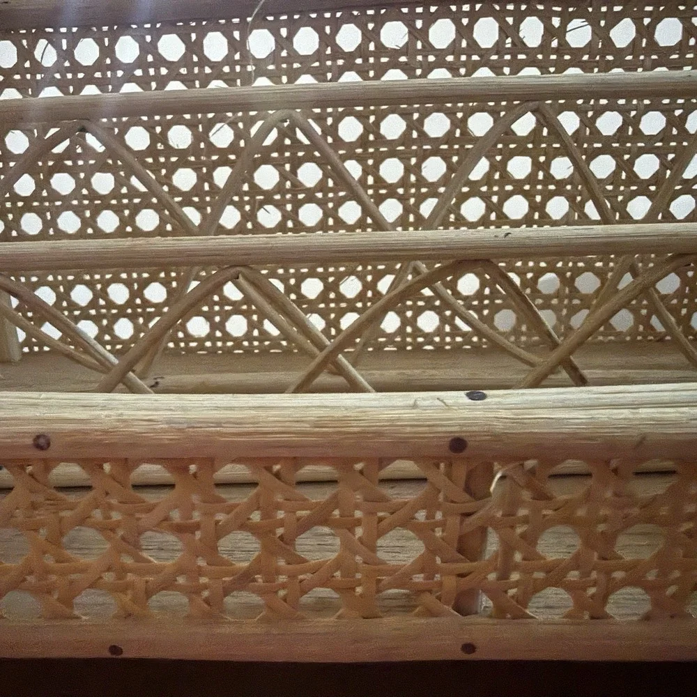 Vintage 70s Wicker Rattan Organizer Basket Shelf Boho Woven Desk Decor Beige